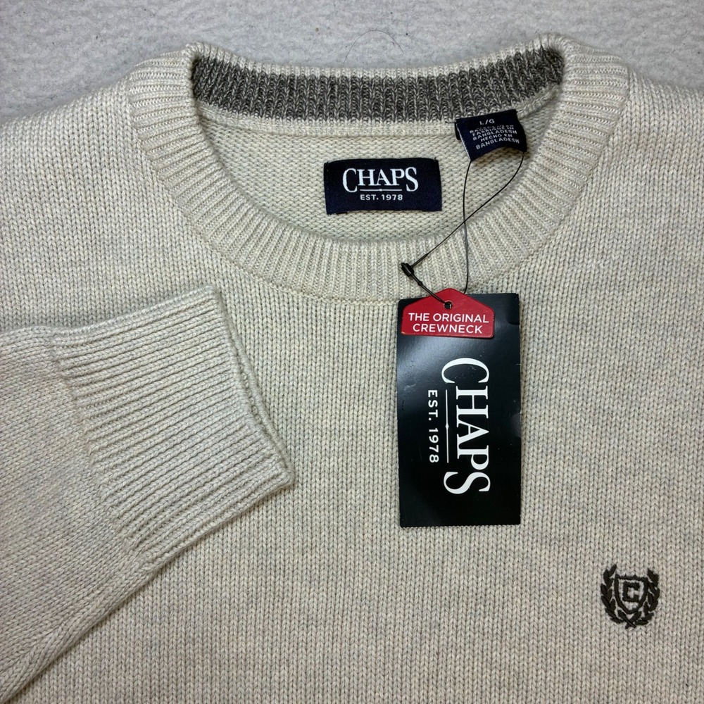 Chaps Crewneck Sweater Men L Beige Cotton Knit Preppy Classic Winter NWT